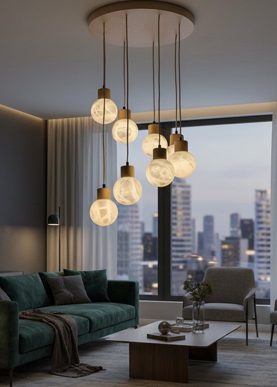 CHANDELIER CON LAMPADINE DI ALABASTRO A CASCATA A SPIRALE - PERSONALIZZABILE NELLA FORMA E NEL NUMERO DI PUNTI LUCE_