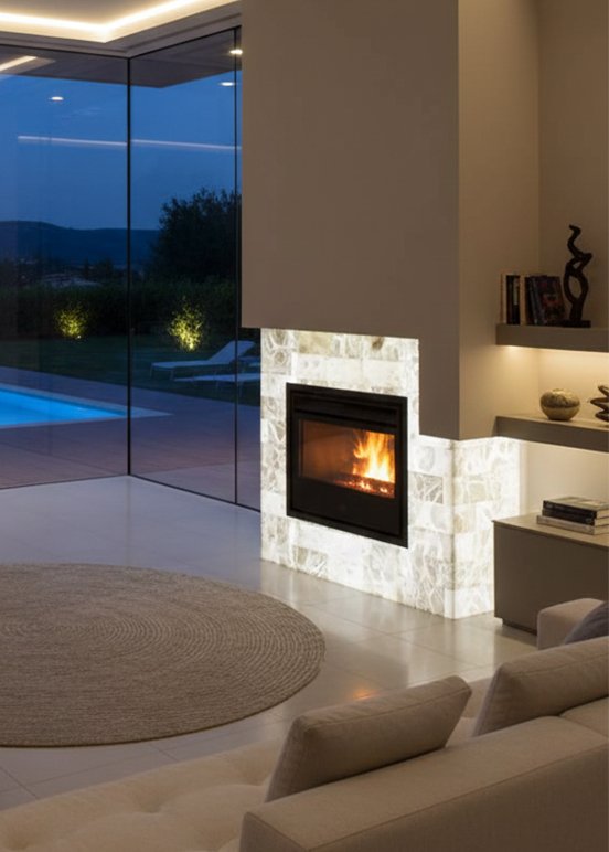 FIREPLACE - IL RIVESTIMENTO DEL CAMINO E' REALIZZATO CON LASTRE DI ALABASTRO CHE RIPRODUCONO UN MURO DI MATTONI RETROILLUMINATO