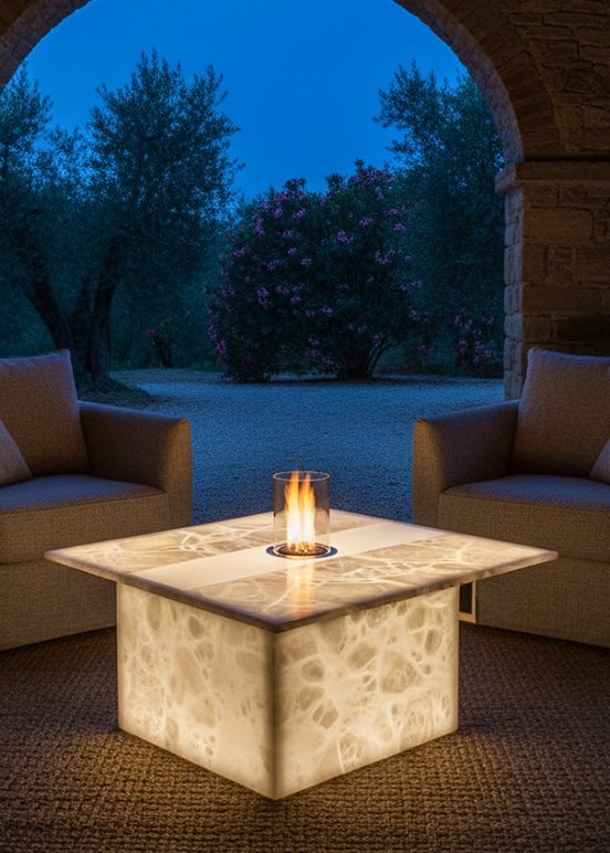 FIRETABLE - TAVOLO COMPLETAMENTE ILLUMINATO CON INSERITO AL CENTRO UN CAMINO AL BIOETANOLO